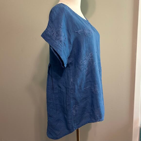 TERZO MILLENNIO Lagenlook 100% Linen Top Sz Sm Embroidered Scrollwork Shirt Blue - Picture 4 of 8